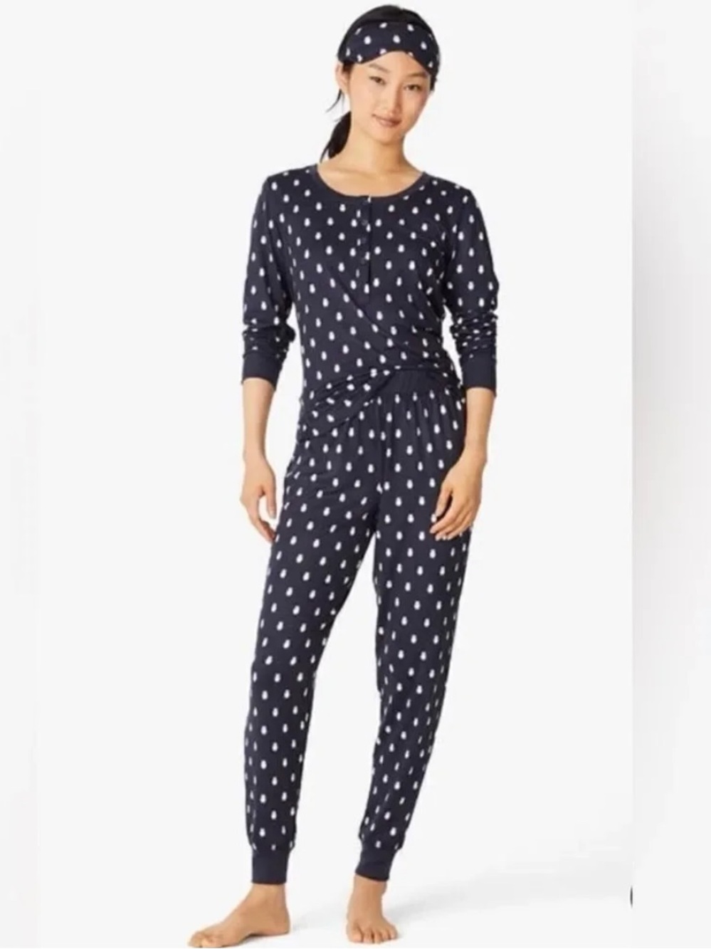 kate spade Owl 🦉🦉🦉 Navy/White Polka Long-Sleeve Pajama Set with Headband - XL